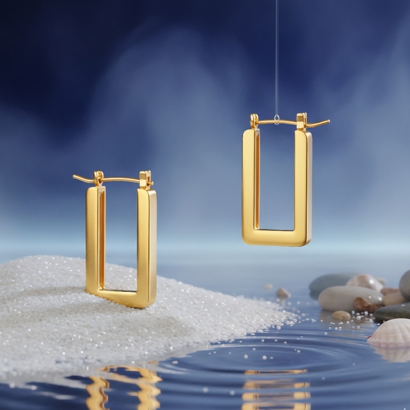 🆕️ Dainty Gold Rectangle Drop Earrings - 18K Plated 316L Minimalist Chic - Picture 1 of 12